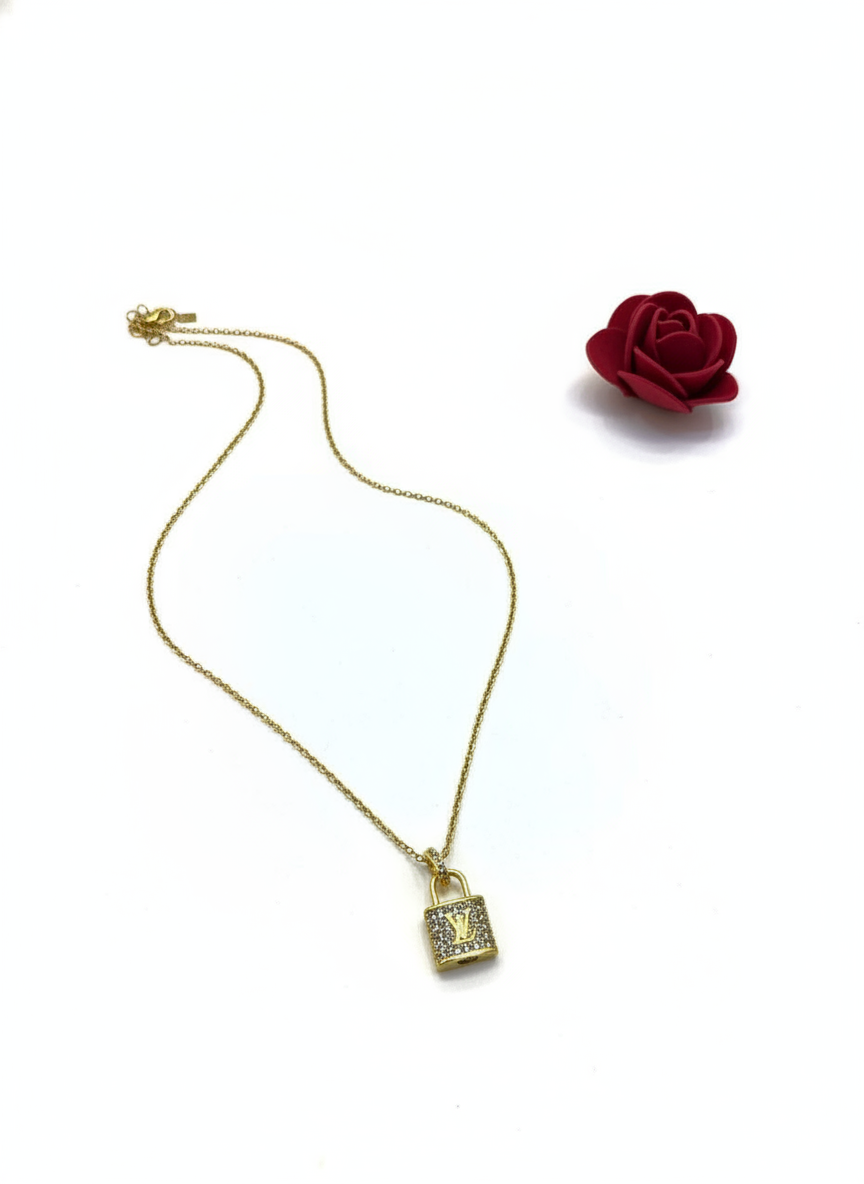 LV Style Crystal Lock Necklace